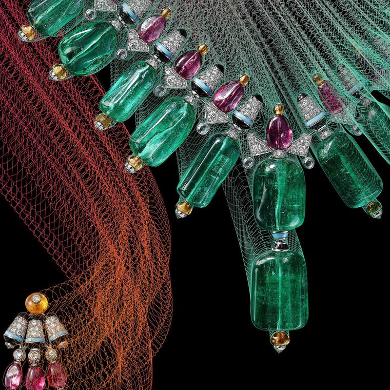 Detail of Cartier Chromaphonia emerald necklace and earrings from Coloratura collection 2018