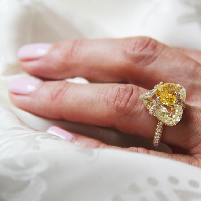 Boghossian Kissing Diamond ring with a heart-shape orangy yellow diamond atop a yellow diamond
