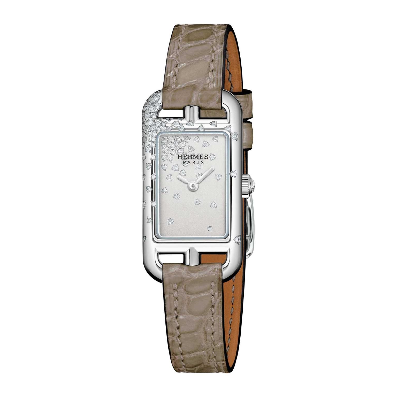 Hermes Nantucket Jete de diamants watch with brown alligator leather strap