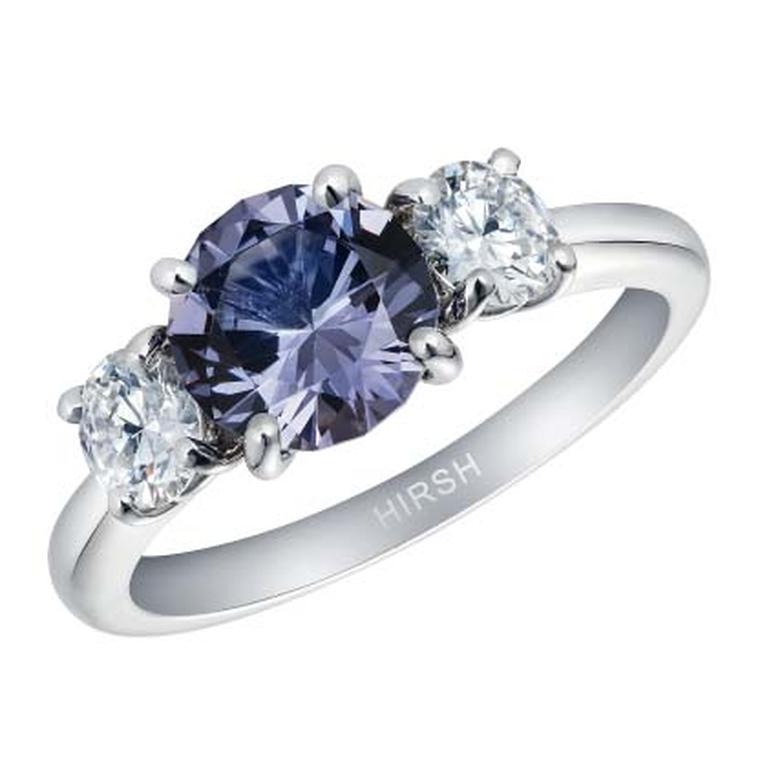 Hirsh London lavender spinel Trilogy engagement ring 