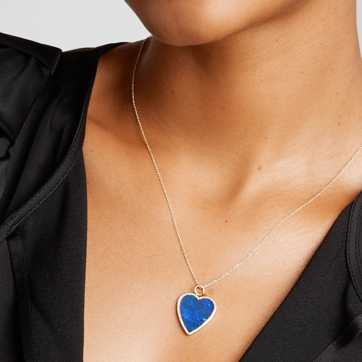 JENNIFER MEYER Heart 18-karat gold, opal and diamond necklace on model