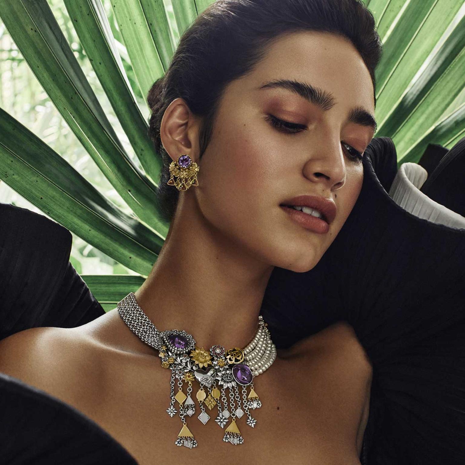 AAzza Fahmy Jewellery Fallahy Floral Necklace and Floral crescent earrings on model
