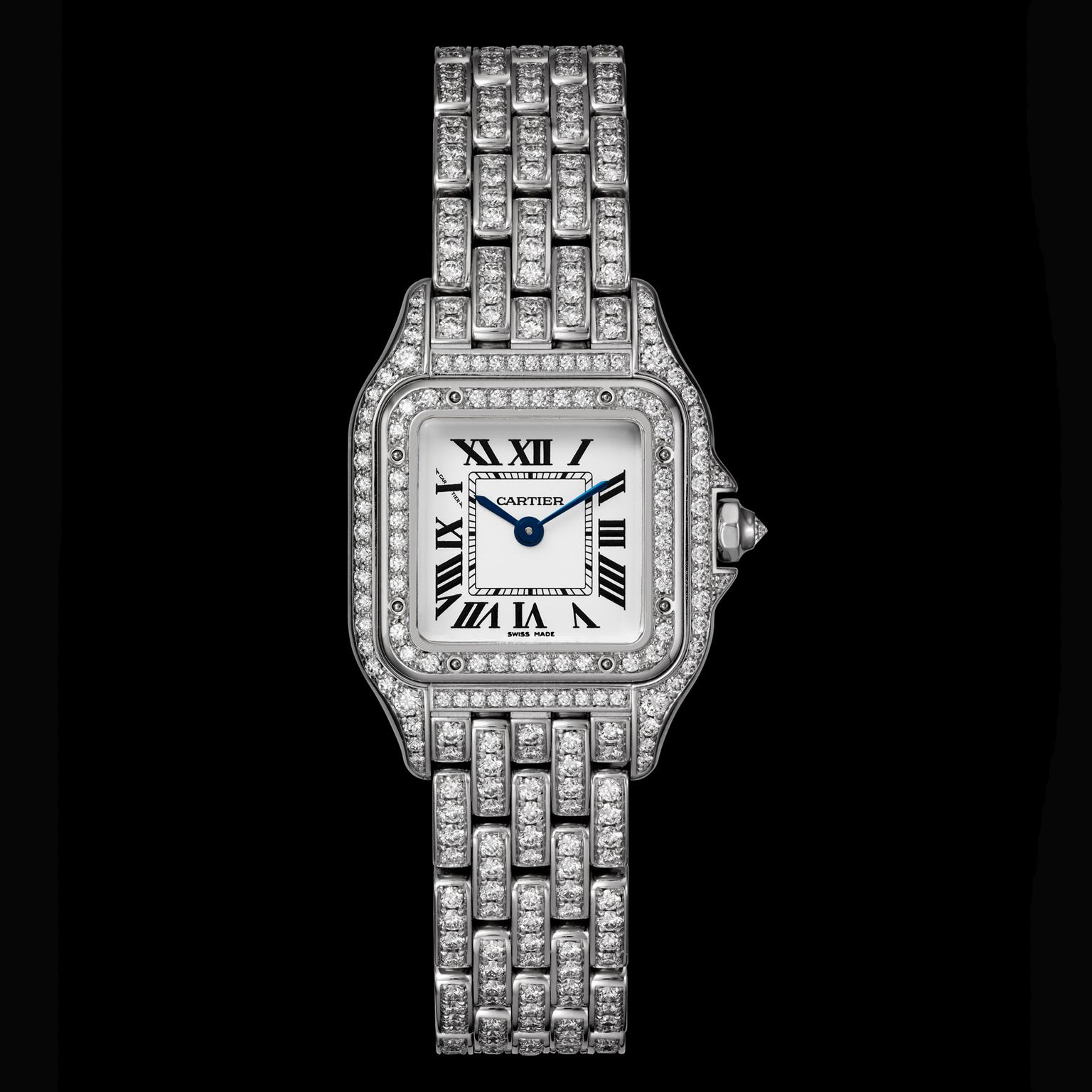 Small size Panthère de Cartier fully diamond-set watch in white gold 