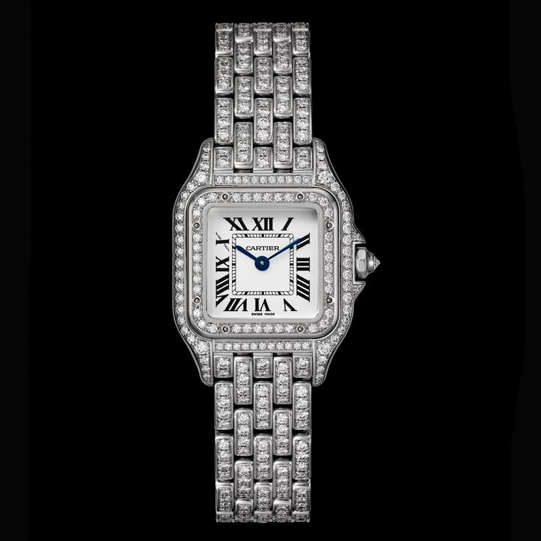 Small size Panthère de Cartier fully diamond-set watch in white gold 