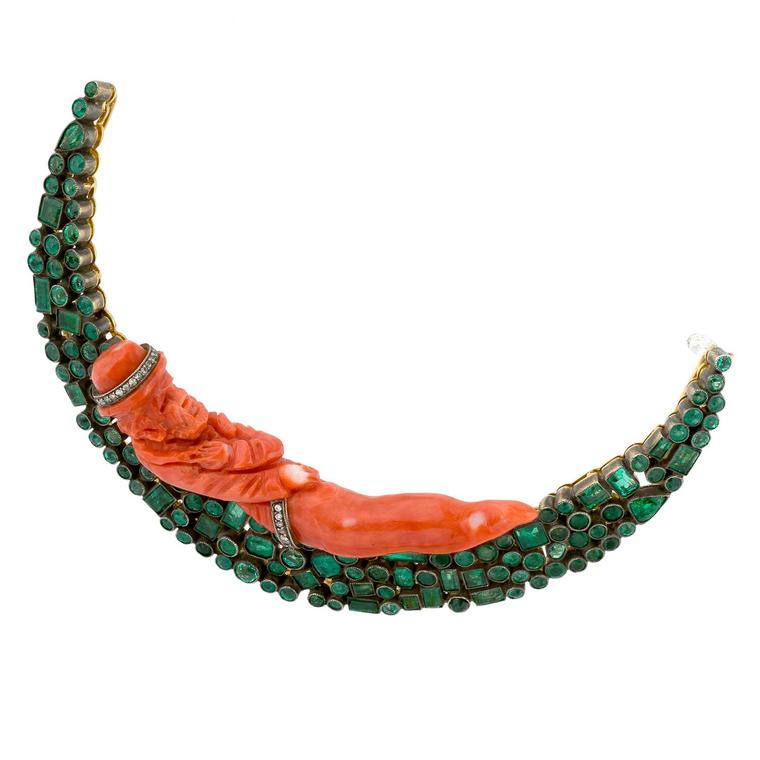 Coral and emerald Moon brooch
