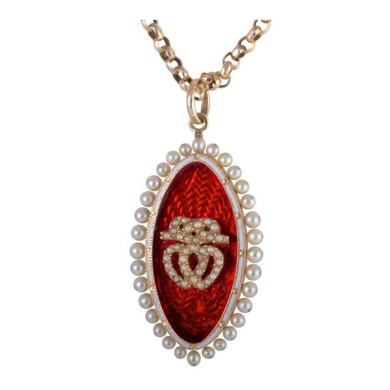 Melody Rodgers red enamel and seed pearl double heart pendant