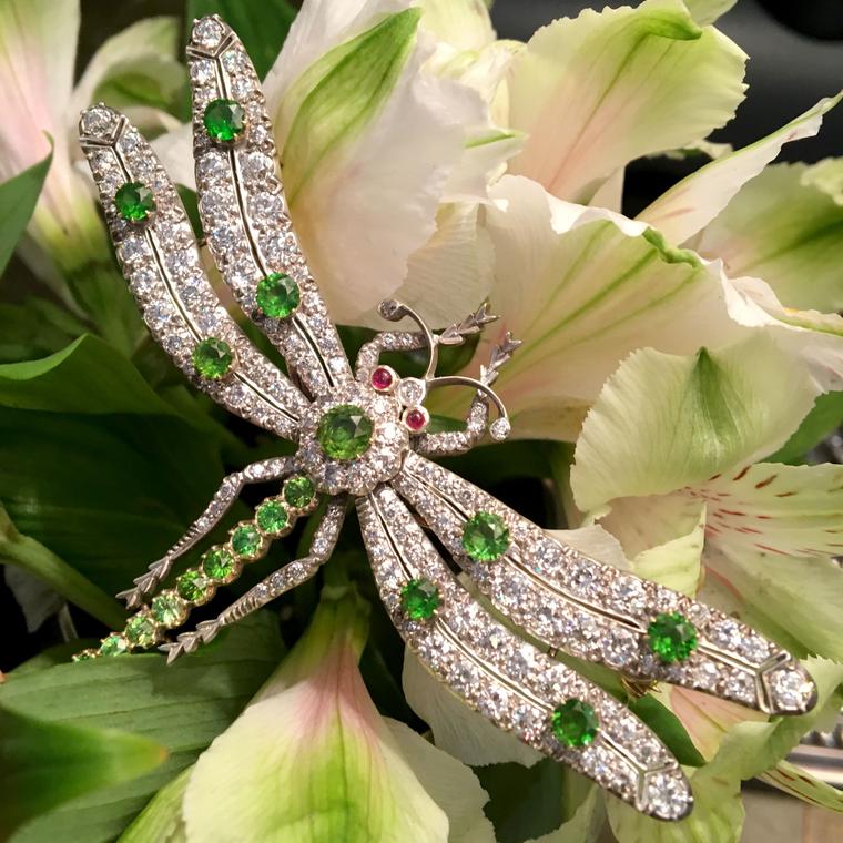  Luxury! Dragonfly Brooch, Lab Created Ruby/Emerald