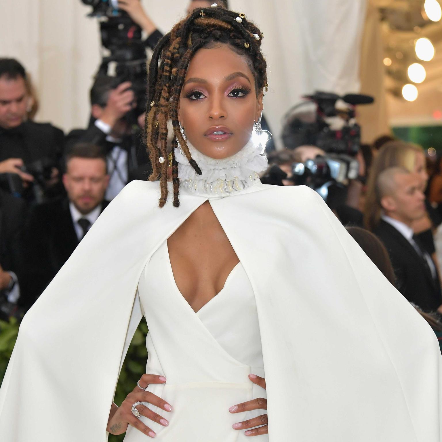 Jourdan Dunn in Bulgari jewels at Met Gala 2018 including Serpenti drop earrings with two matching rings and a Diva’s Dream ring. Credit: Getty Images