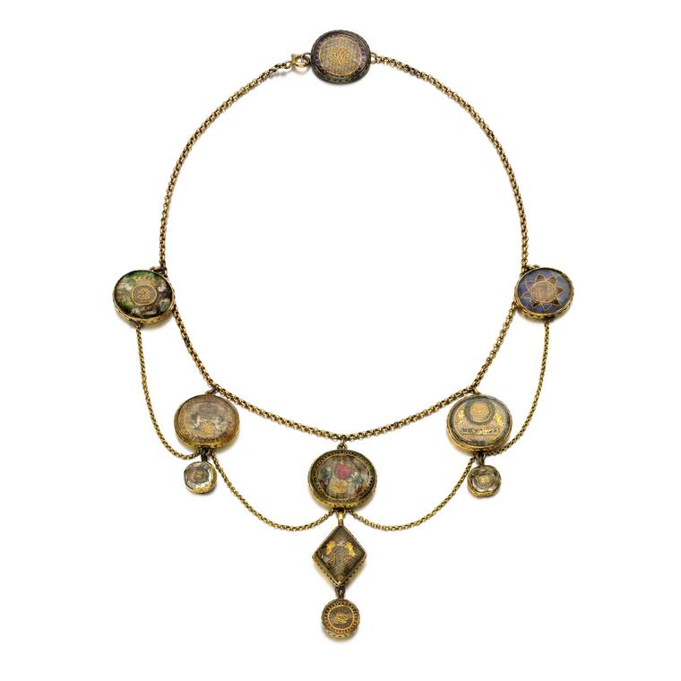 Sotheby's gold necklace mounted with Stuart crystal mourning slides and buttons