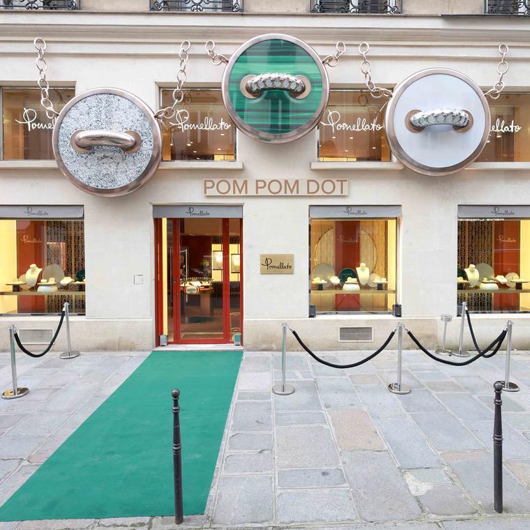Pomellato Paris Boutique decorated for Pom Pom Dot launch in April 2024 