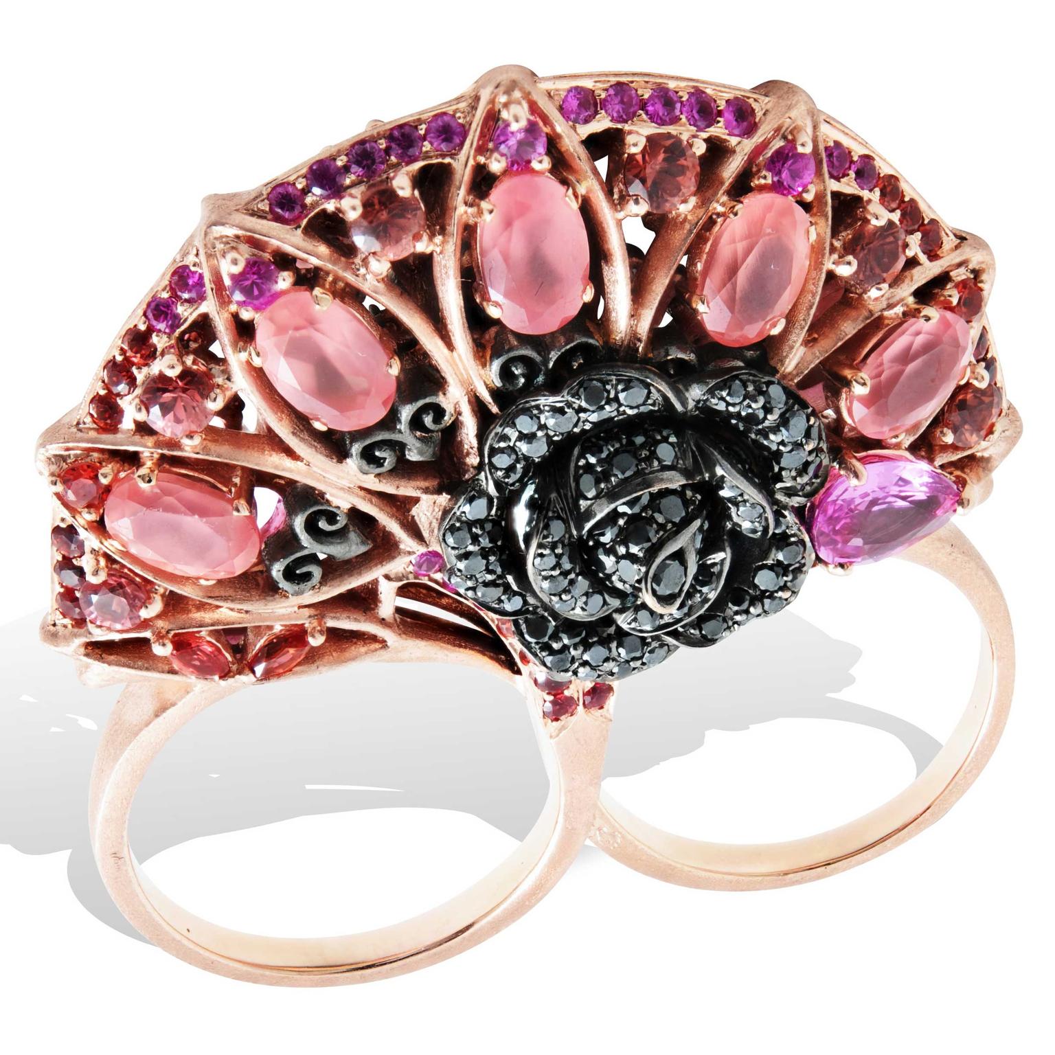 Lydia Courteille Rosa del Inca double finger rhodochrosite ring