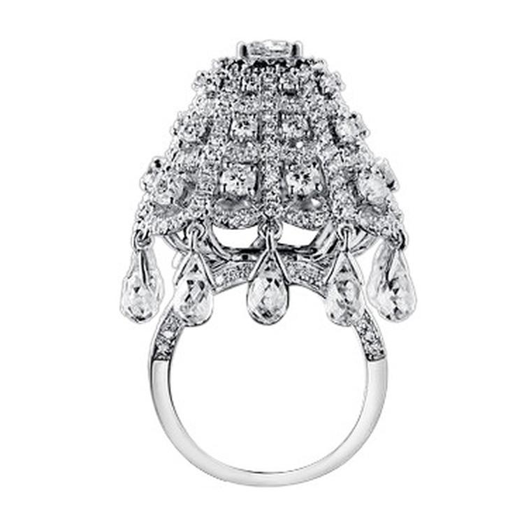 The Chandeliers cocktail ring from No. THIRTY THREE in 18 carat black gold with white diamonds, and white sapphire briolettes