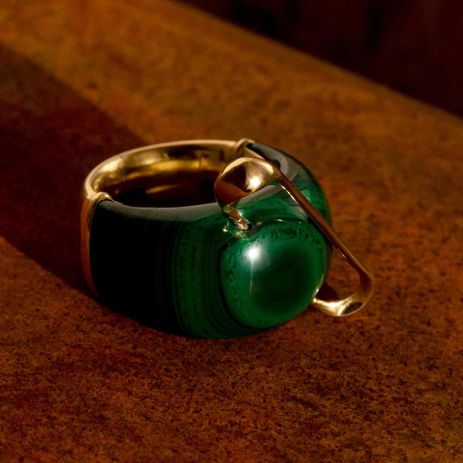 Hannah Martin New Act of Rebellion malachite and gold safety pin ring