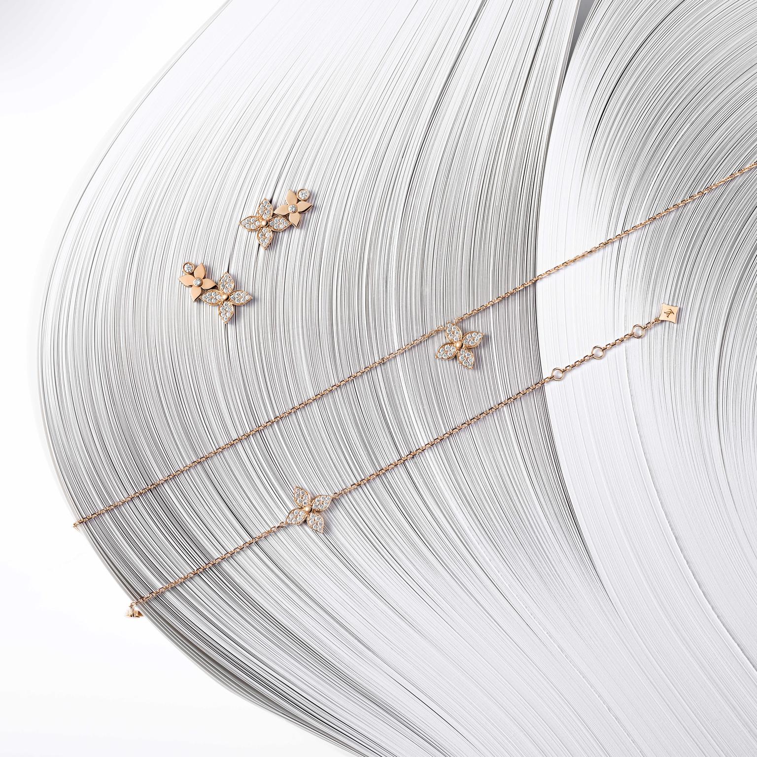 Louis Vuitton Star Blossom gold necklace and earrings with diamonds