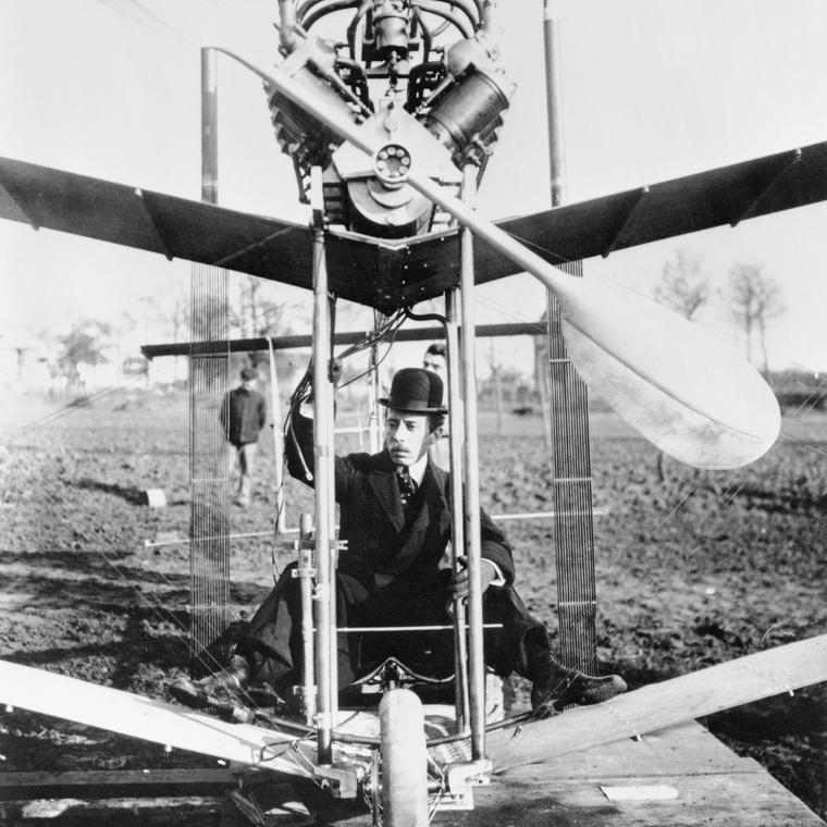 Alberto Santos-Dumont aboard his aeroplane
