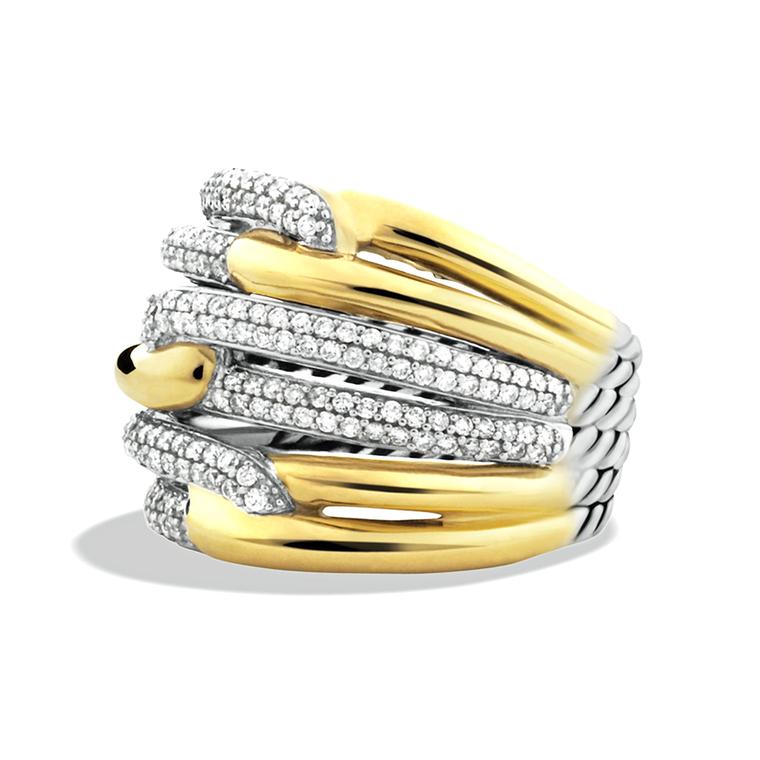 David Yurman triple loop ring in yellow gold with diamonds