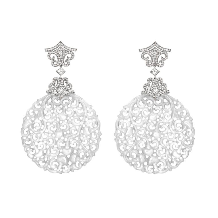 David Marshall white gold carved white jade earrings