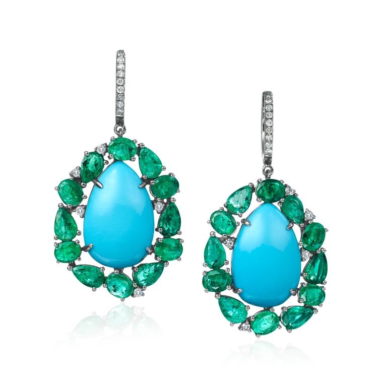 Nina Runsdorf emerald and turquoise earrings