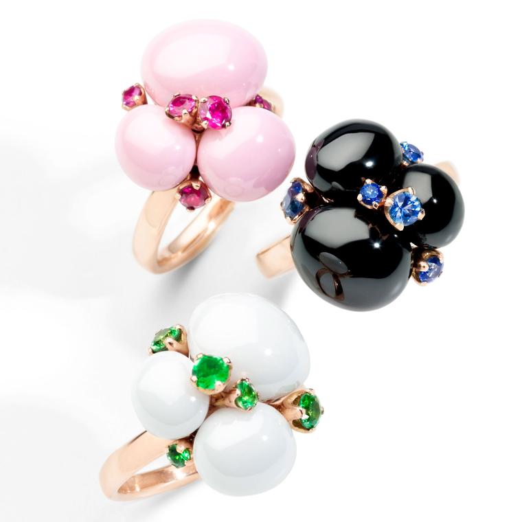 Capri ceramic and multicolour gemstone rings in rose gold