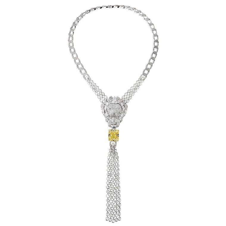 Chanel’s ‘Legendary’ transformable necklace in white and yellow gold set with more than 1,200 diamonds and an impressive 30.19-carat cushion-cut fancy intense yellow diamond.