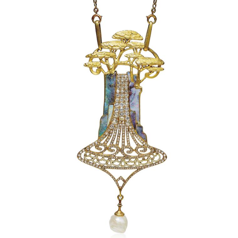 ART NOUVEAU OPAL DIAMOND AND ENAMEL CEDARS PENDANT NECKLACE BY GEORGES FOUQUET