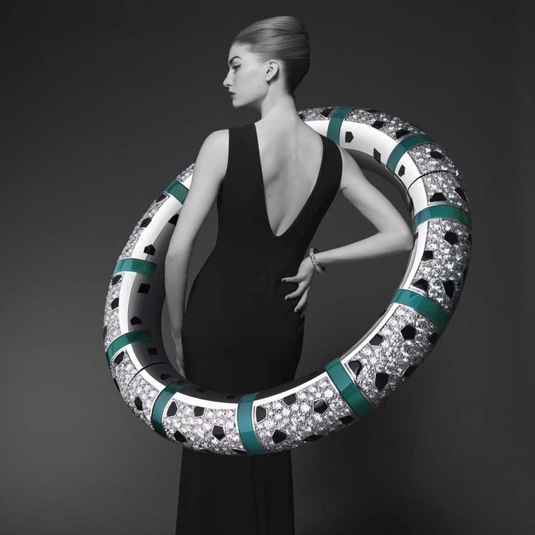 Cartier Panthère de Cartier collection white gold bracelet featuring onyx, black lacquer, chrysoprase and diamonds.