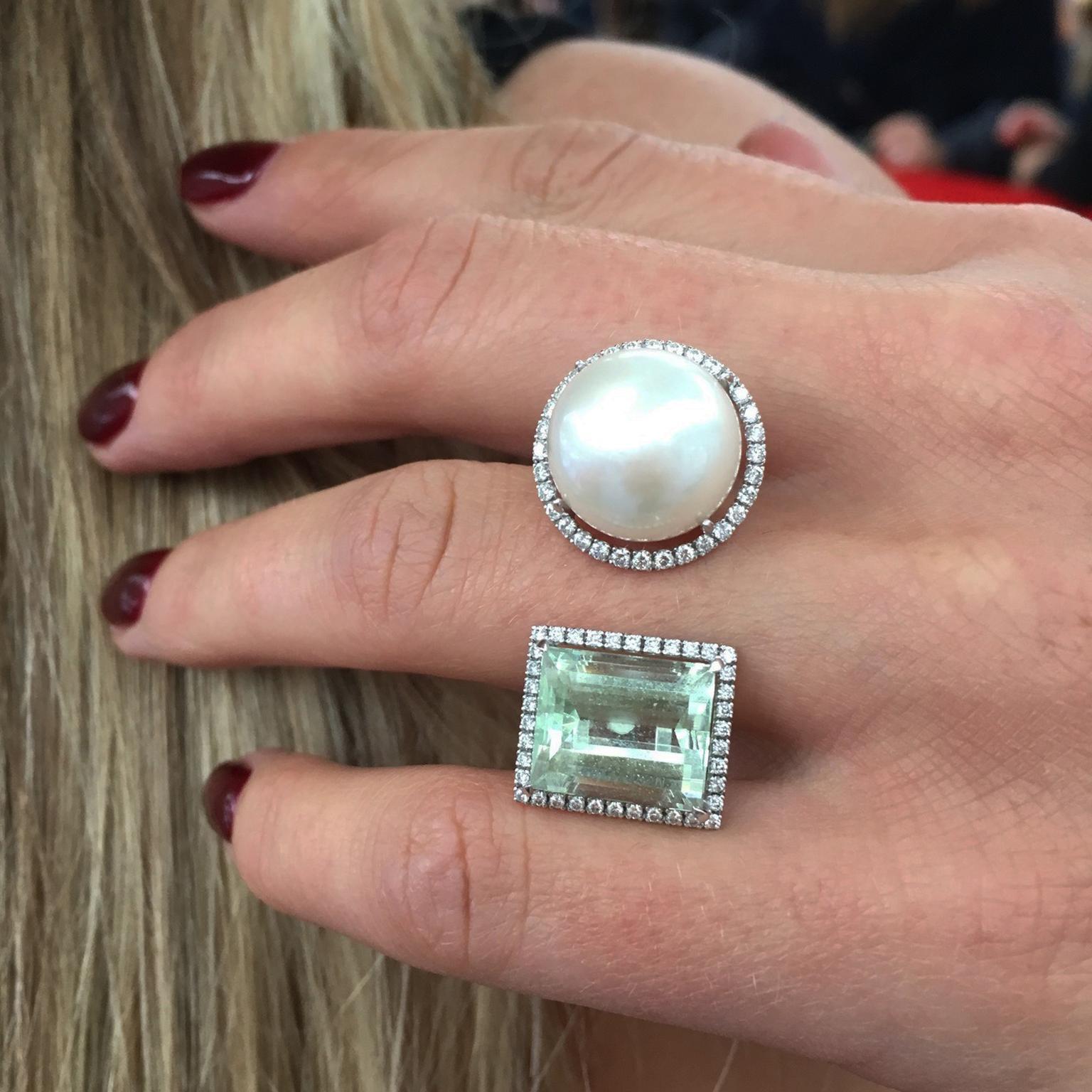 Nadine Aysoy green tourmaline and pearl ring