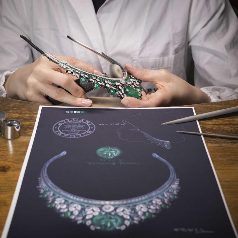 The Bulgari Emerald Garden tiara as necklace in workshop