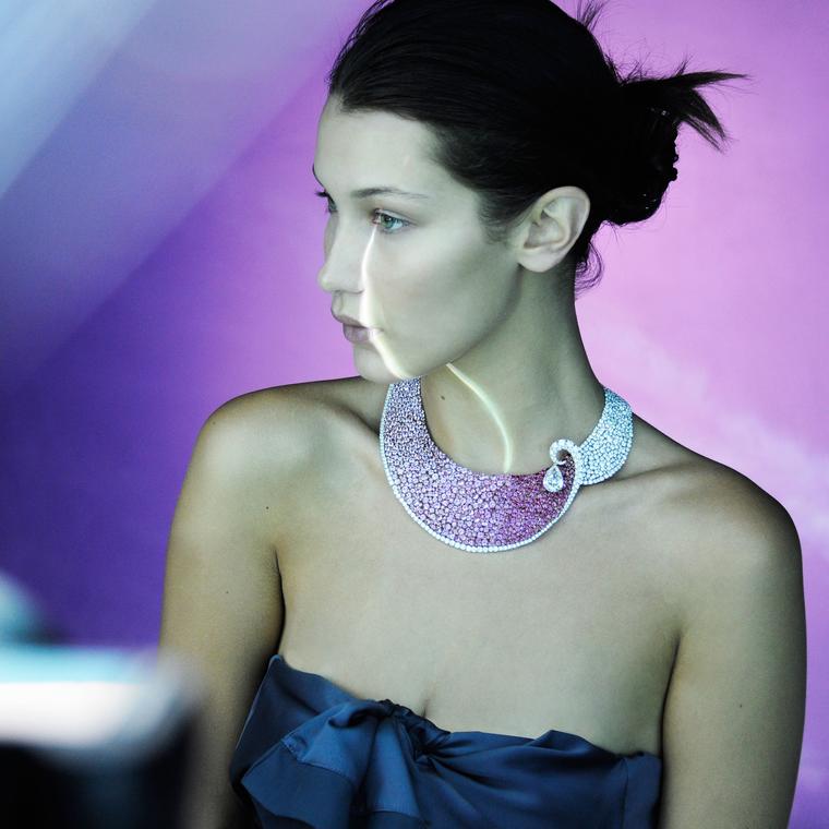 Bella Hadid wearing Boghossian Les Merveilles ruby, pink sapphire and diamond Meche necklace