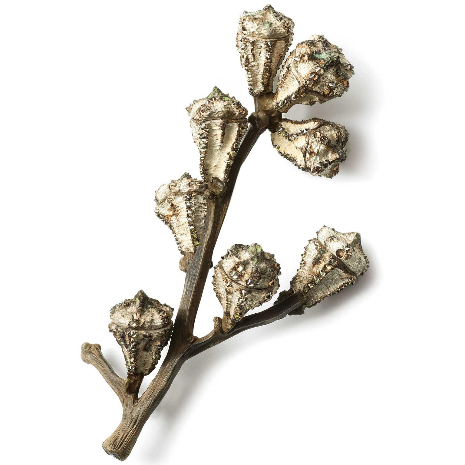 Hemmerle Eucalyptus brooch in white gold, bronze, brass with diamonds
