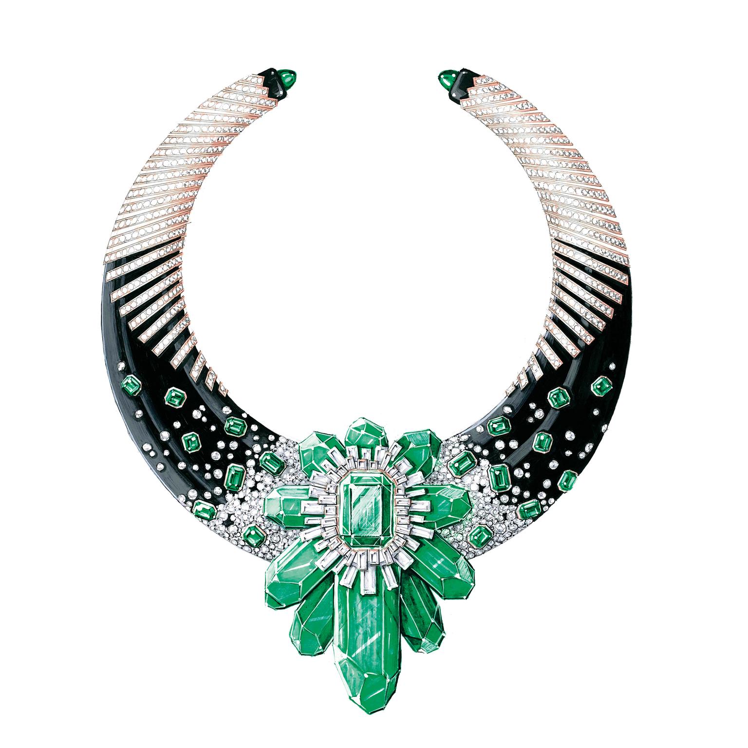 Watercolor drawing Antoine Sandoz Muzo Emerald necklace