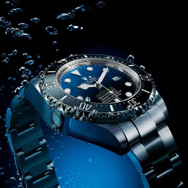 The new Rolex Deepsea D-Blue Dial watch also boasts an innovative Chromalight display on the dial, which allows the indices, hands and zero marker on the bezel to glow with a supernatural blue light for twice as long as standard luminescent materials.