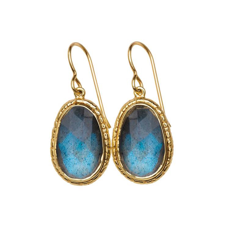 Blue labradorite drop earrings in yellow gold