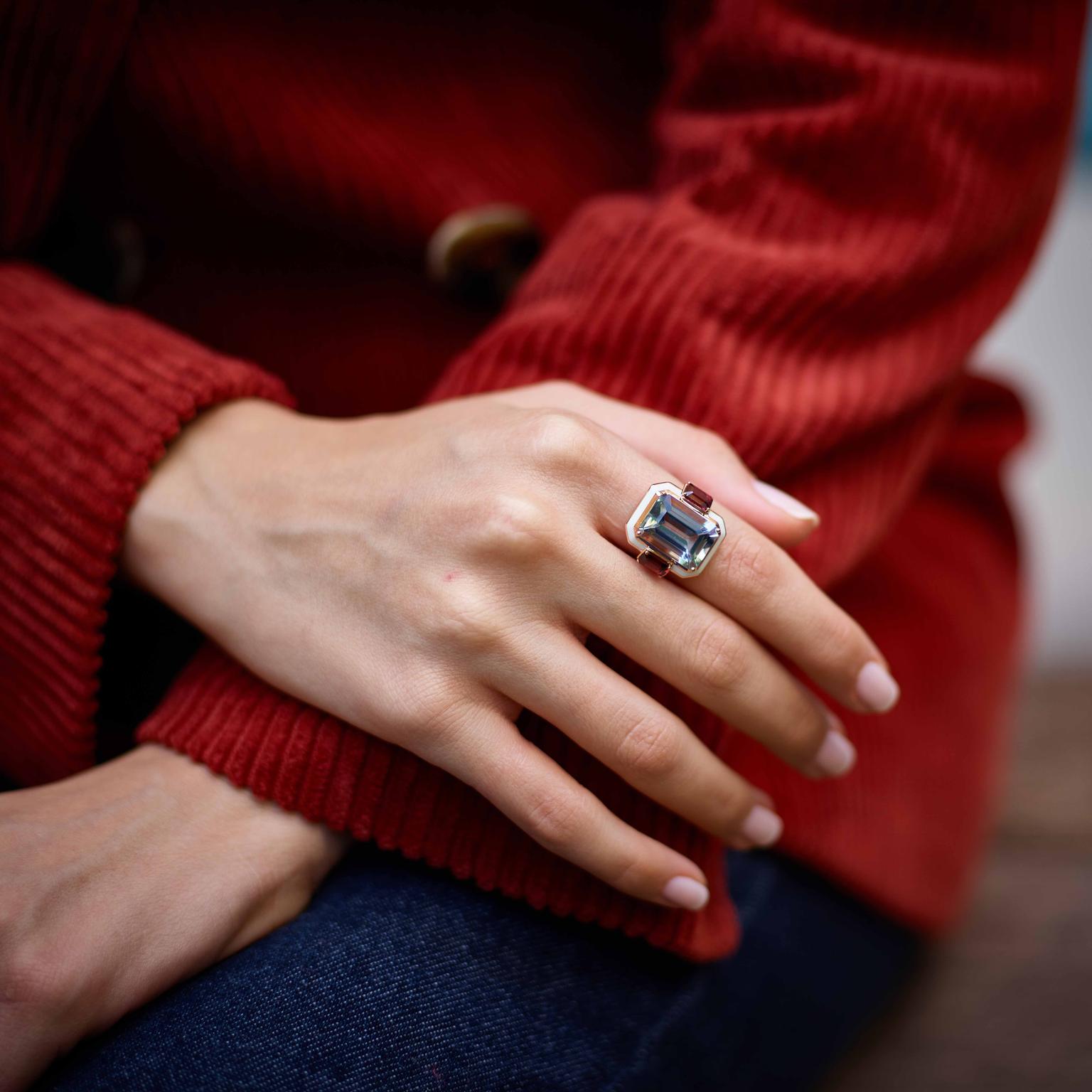 Aquamarine and Rhodolites cocktail ring from Selim Mouzannar