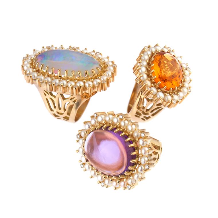 Azza Fahmy Lotus Rings Green Opal Amethyst Lemon Topaz Stones Diamonds Pearls