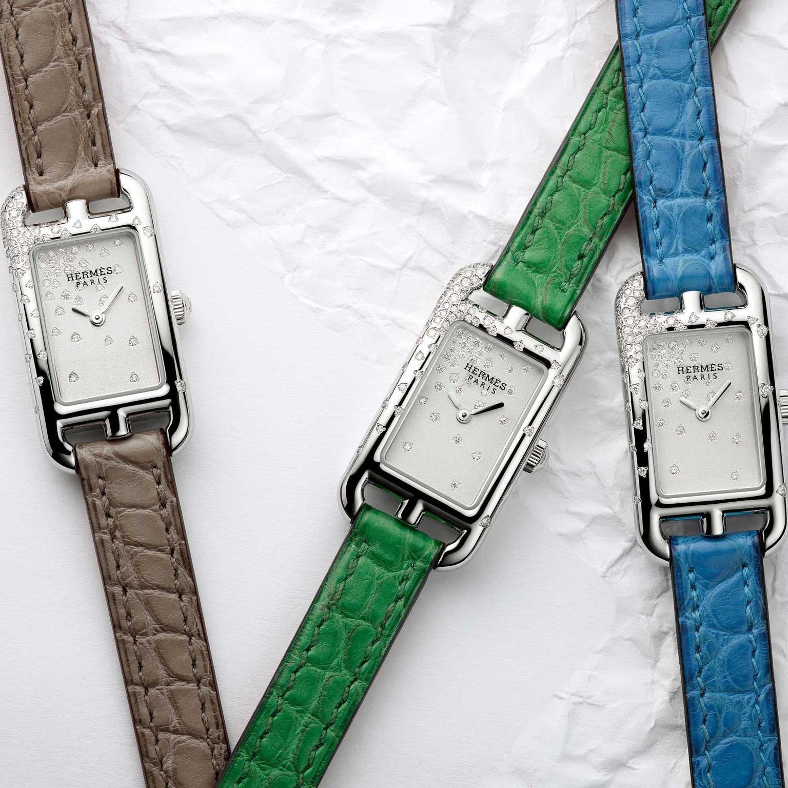 Trio of Hermès Nantucket Jeté de diamants watches