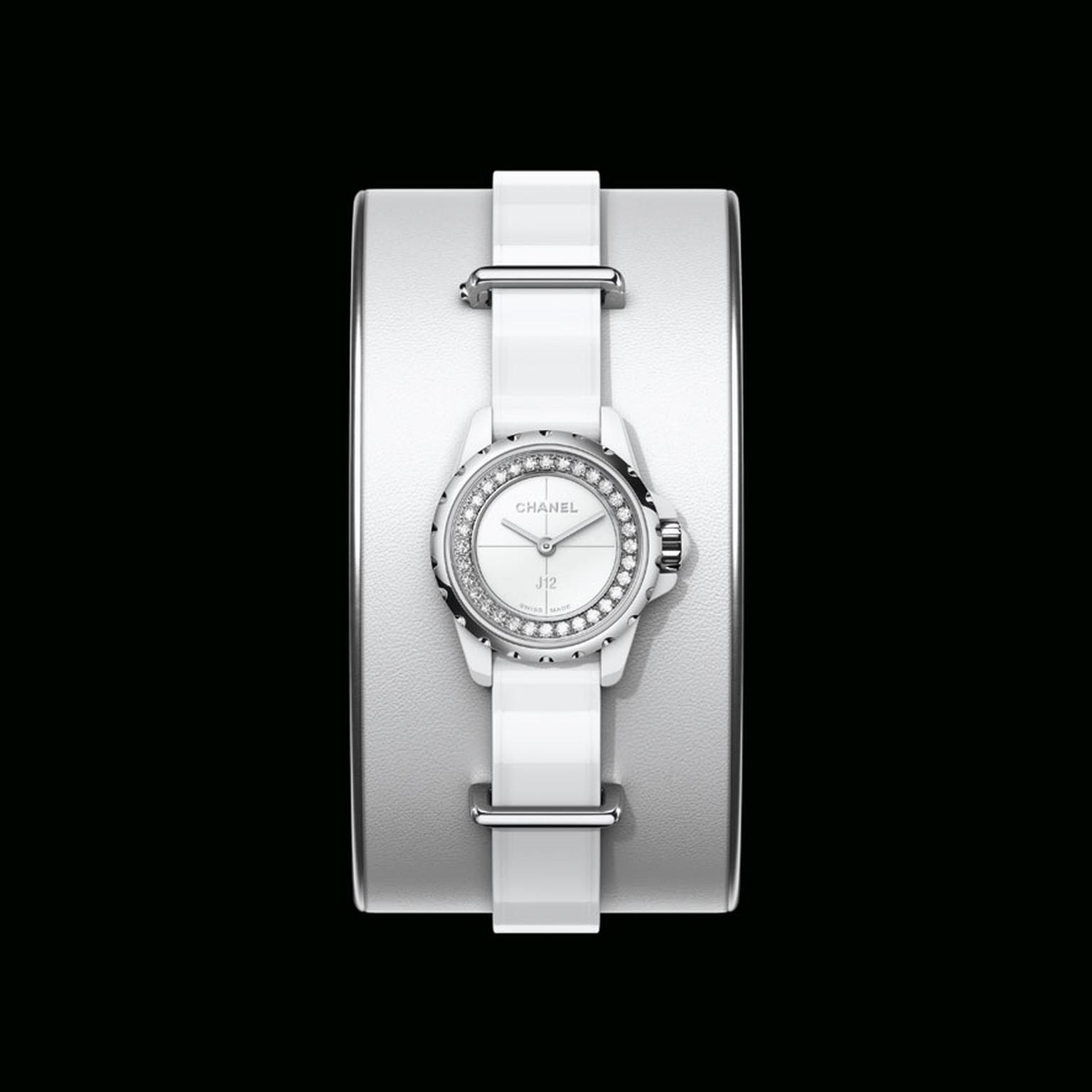 Chanel Women's J12 Mademoiselle acte II White Ceramic, 18K White Gold & White Sapphire Bracelet Diamond Charm Watch - White One-Size