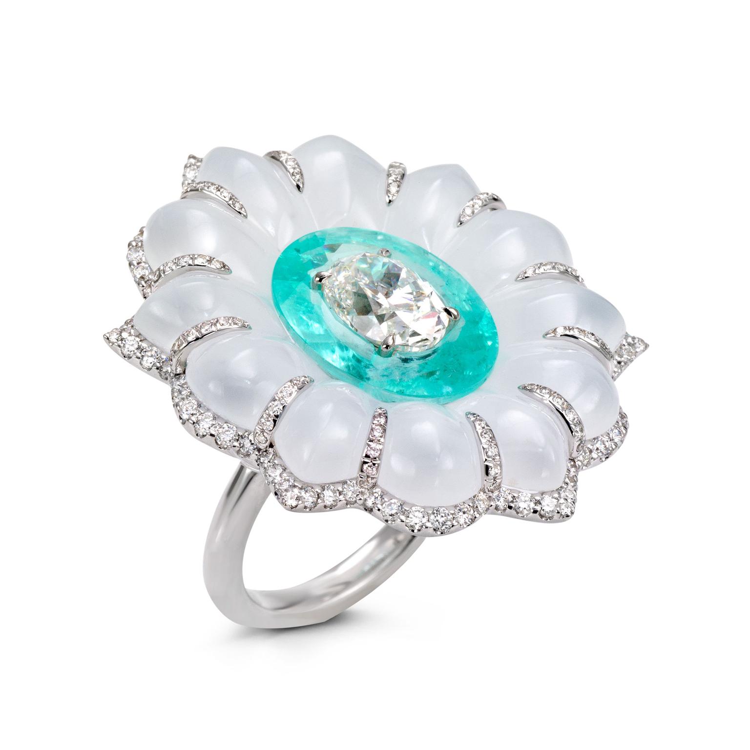 Boghossian Art of Inlay diamond, Paraiba tourmaline and chalcedony ring