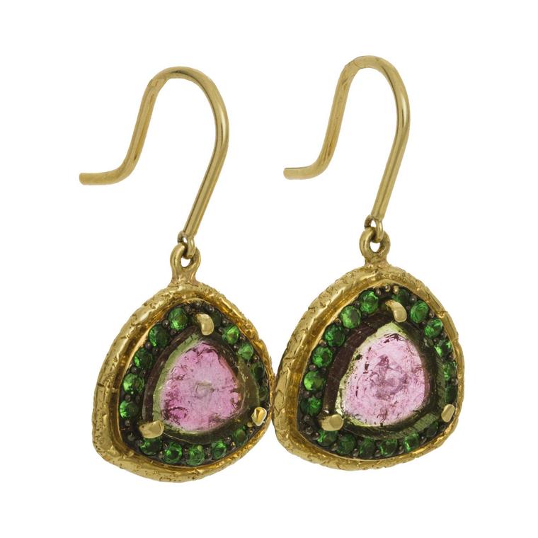 Watermelon tourmaline earrings with tsavorites