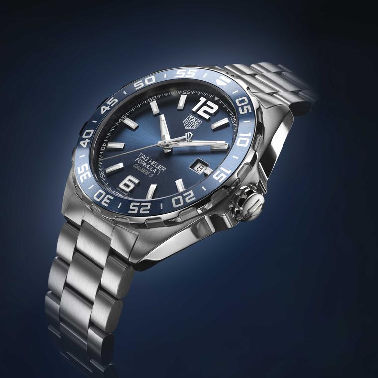 Side view of TAG Heuer Formula 1 Bucherer Blue Edition watch on stainless steel bracelet