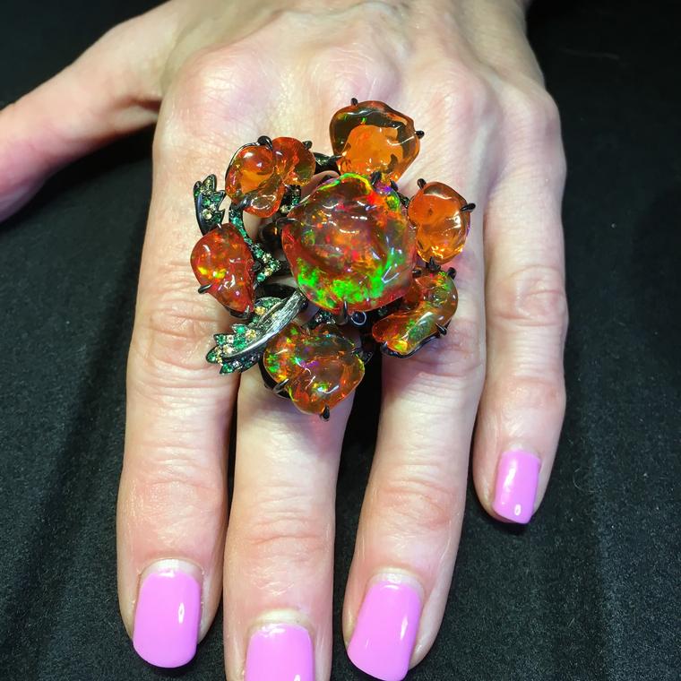 Lydia Courteille fire opal ring from her Gardens of Xochimilco collection