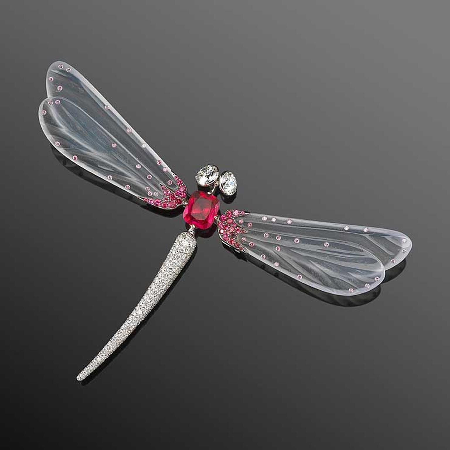 Fred Leighton white jade dragonfly brooch with red spinel and diamonds