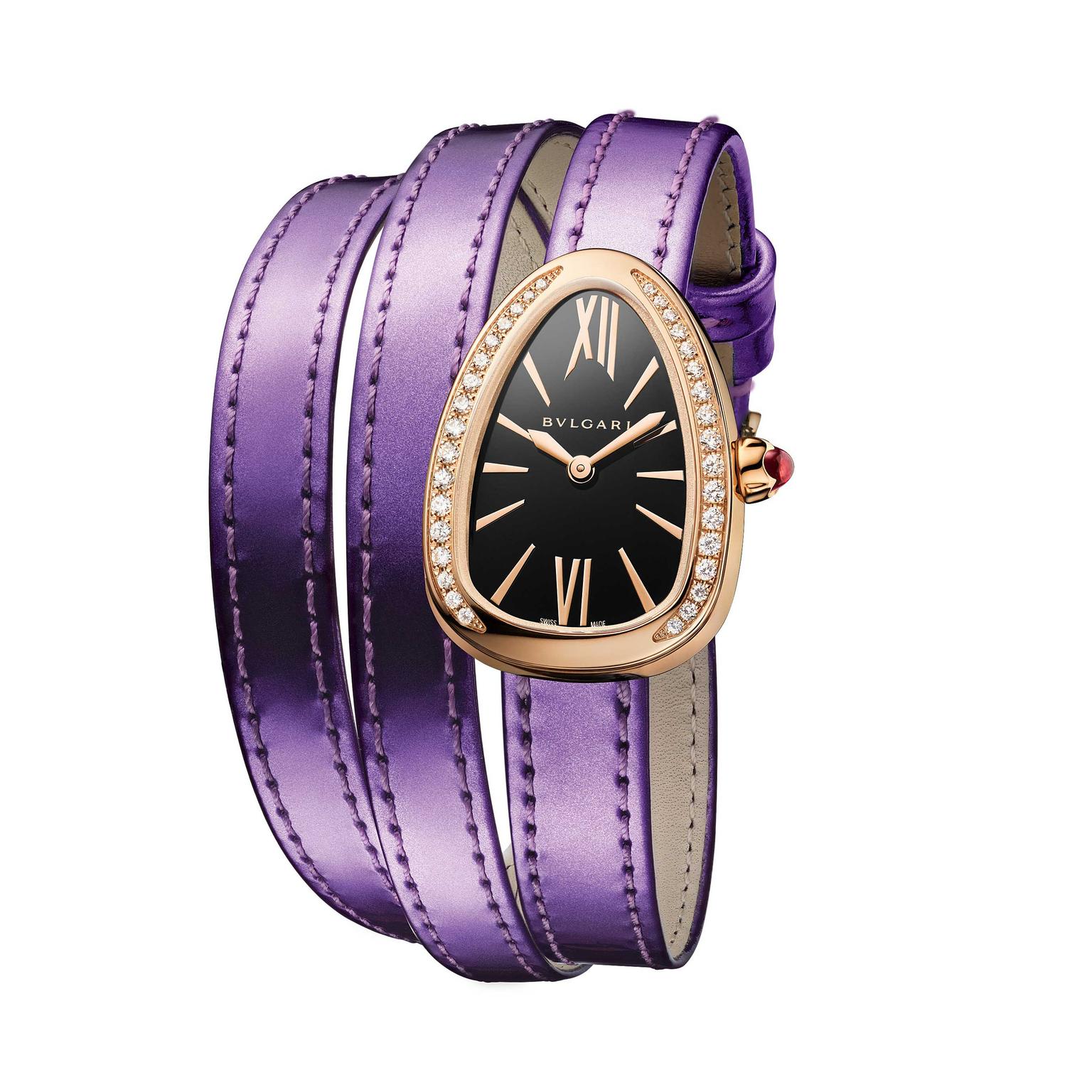Bulgari-Serpenti-Twist-Your-Time-gold-ladies-watch-on-metallic-purple-strap