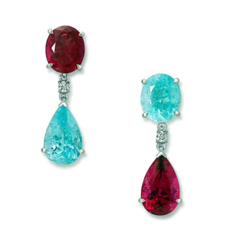 VanLeles Timeless Wonders rubelitte and Paraiba tourmaline earrings with diamonds