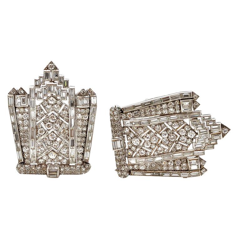 Sandra Cronan platinum Art Deco diamond double clips