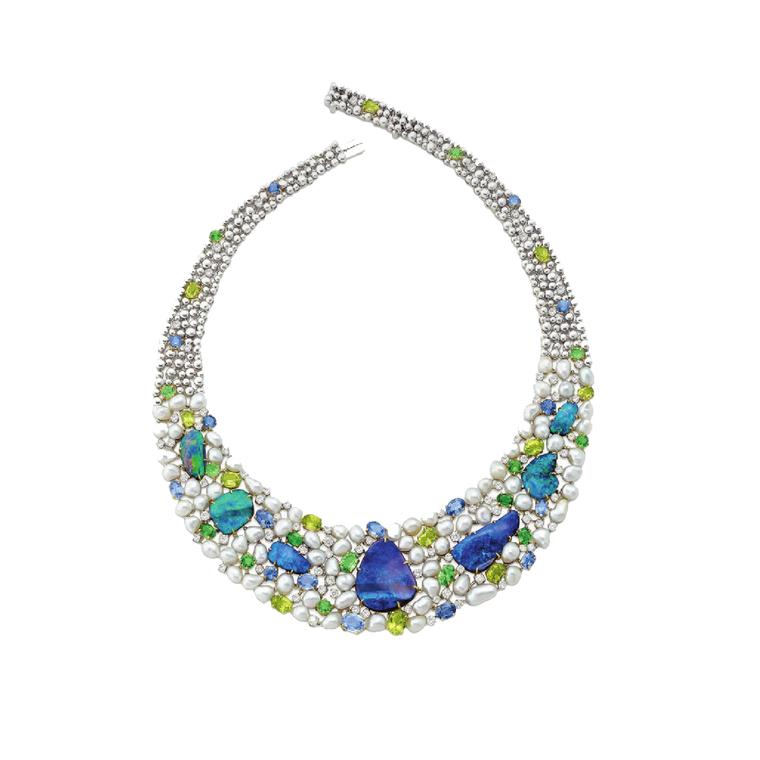 Margot McKinney Australian opal with keshi pearls, sapphires, aquamarines, peridot and diamonds