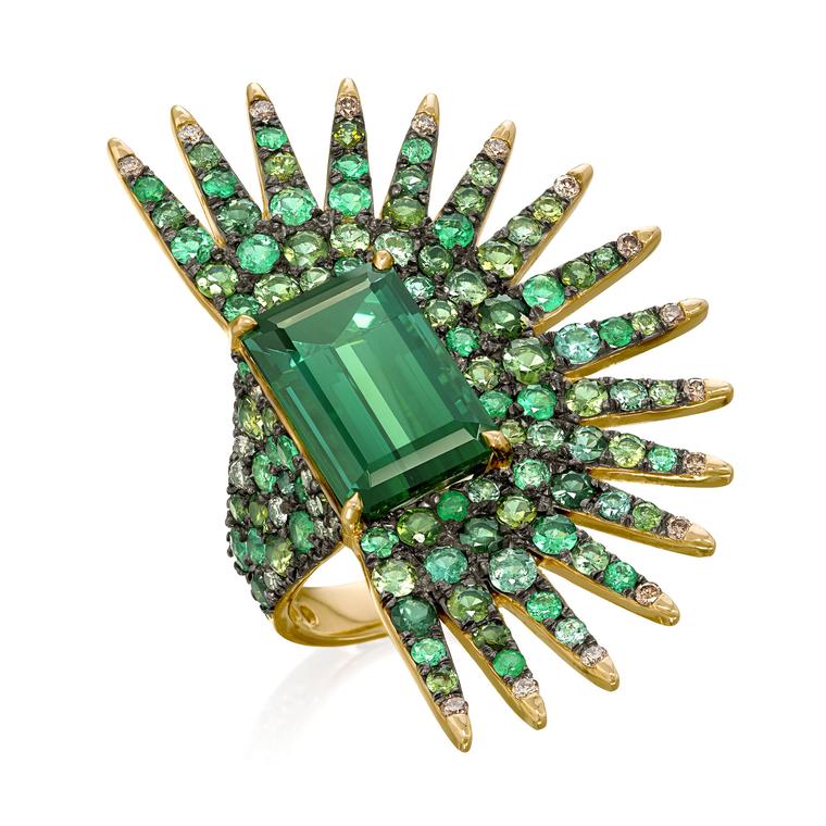 Amsterdam Sauer emerald, tourmaline and diamond ring