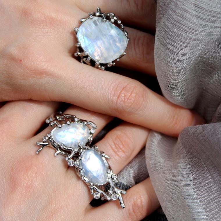 AENEA Alaria double and single rainbow moonstone rings