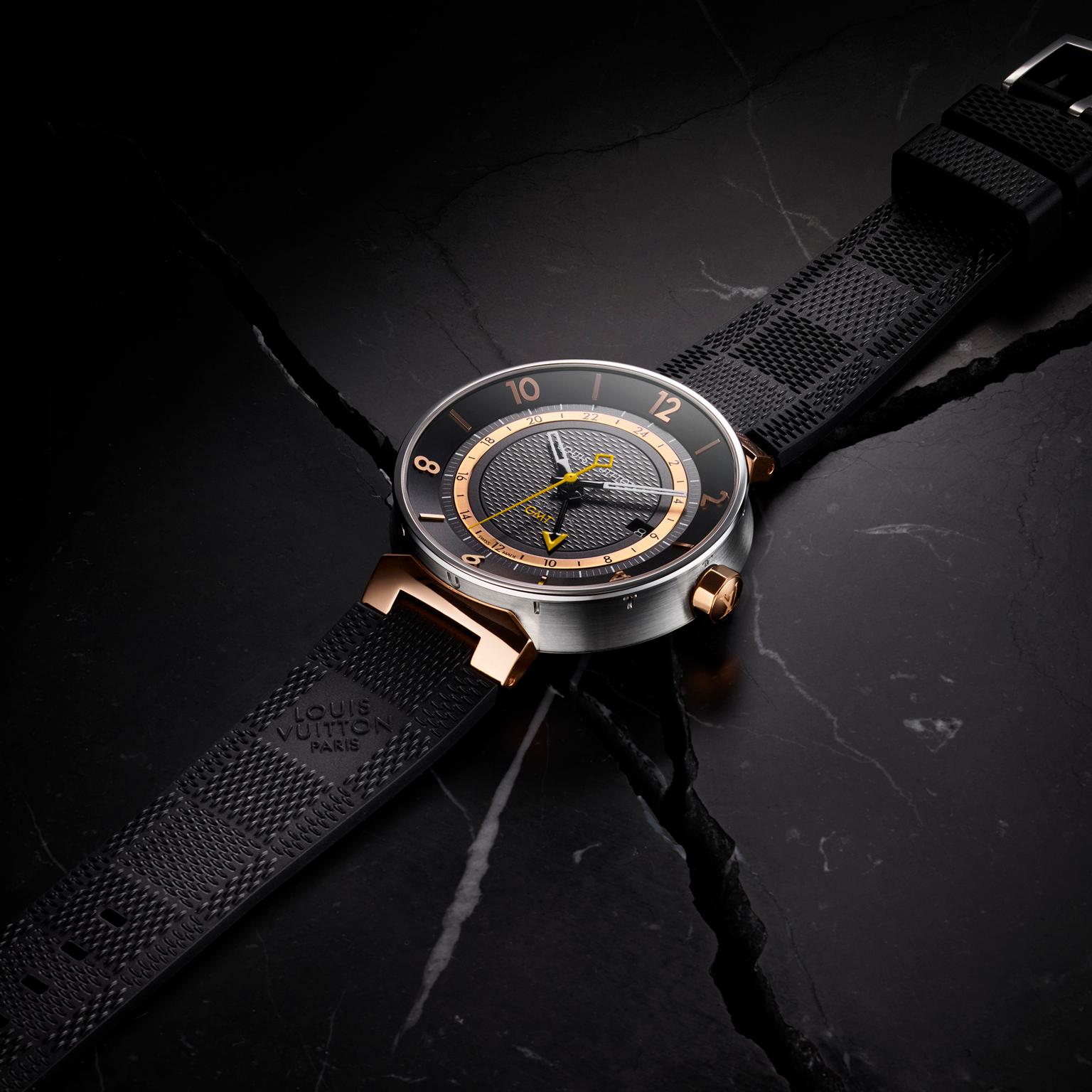 Louis Vuitton Tambour Moon GMT Black watch in steel and pink gold