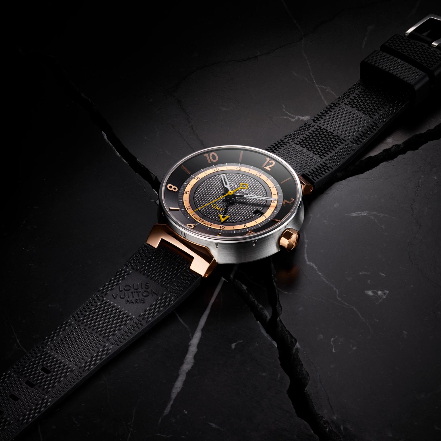 Tambour Moon GMT black, steel and pink gold watch